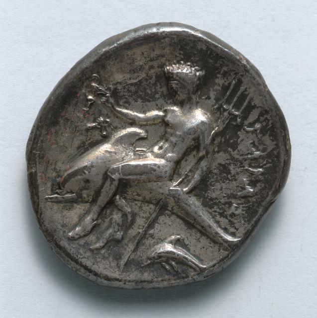Silver Stater of Taras: Warrior on Horseback and Dolphin Rider, reverse