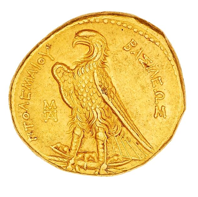 Ptolemy I Soter, gold pentadrachm, collection photograph ANS-1967.152.622, reverse