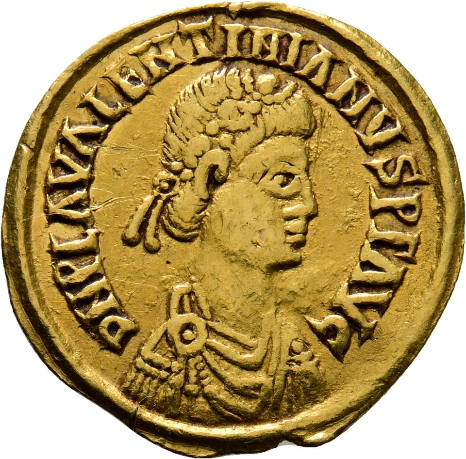Valentinian III, gold tremissis, collection photograph Koeln-ID1176, obverse