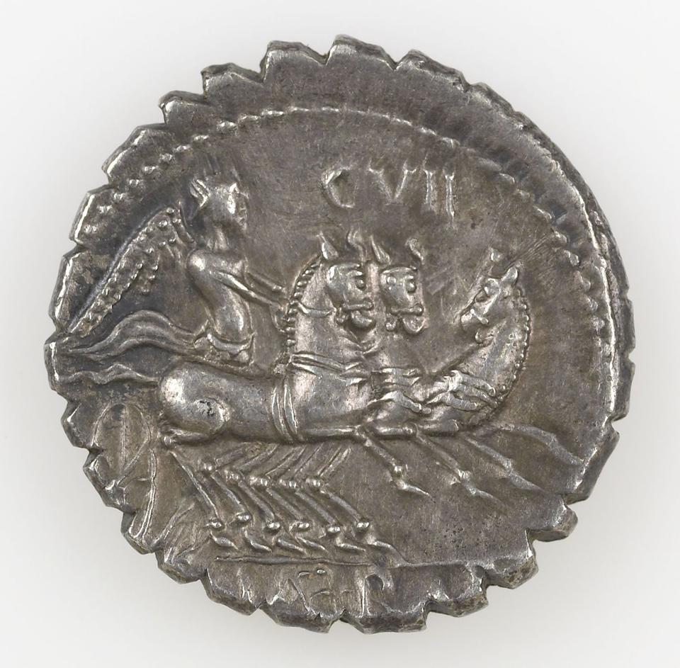 Roman Republic, silver denarius serratus, collection photograph IATH-2012.113, reverse