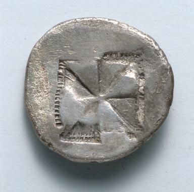 Himera Silver Drachm: Archaic Rooster and Mill-Sail Incuse Coinage, reverse