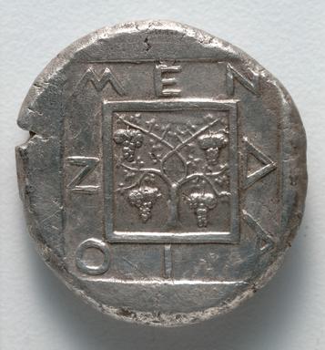 Mende Silver Tetradrachm: Dionysos on Donkey and Classical Viticulture, reverse