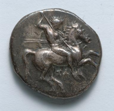 Silver Stater of Taras: Warrior on Horseback and Dolphin Rider, obverse