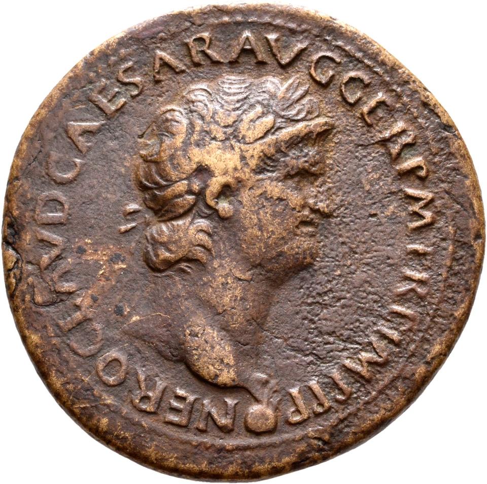 Nero, copper-alloy sestertius, collection photograph Rostock-ID757, obverse