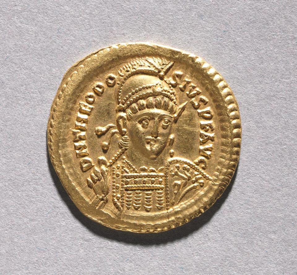 Theodosius II and Valentinian III, Gold solidus, collection photograph CMA-1968-54, obverse