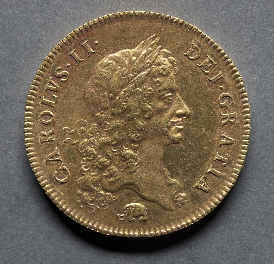 Charles II, Gold five guineas, collection photograph CMA-1969-199, obverse