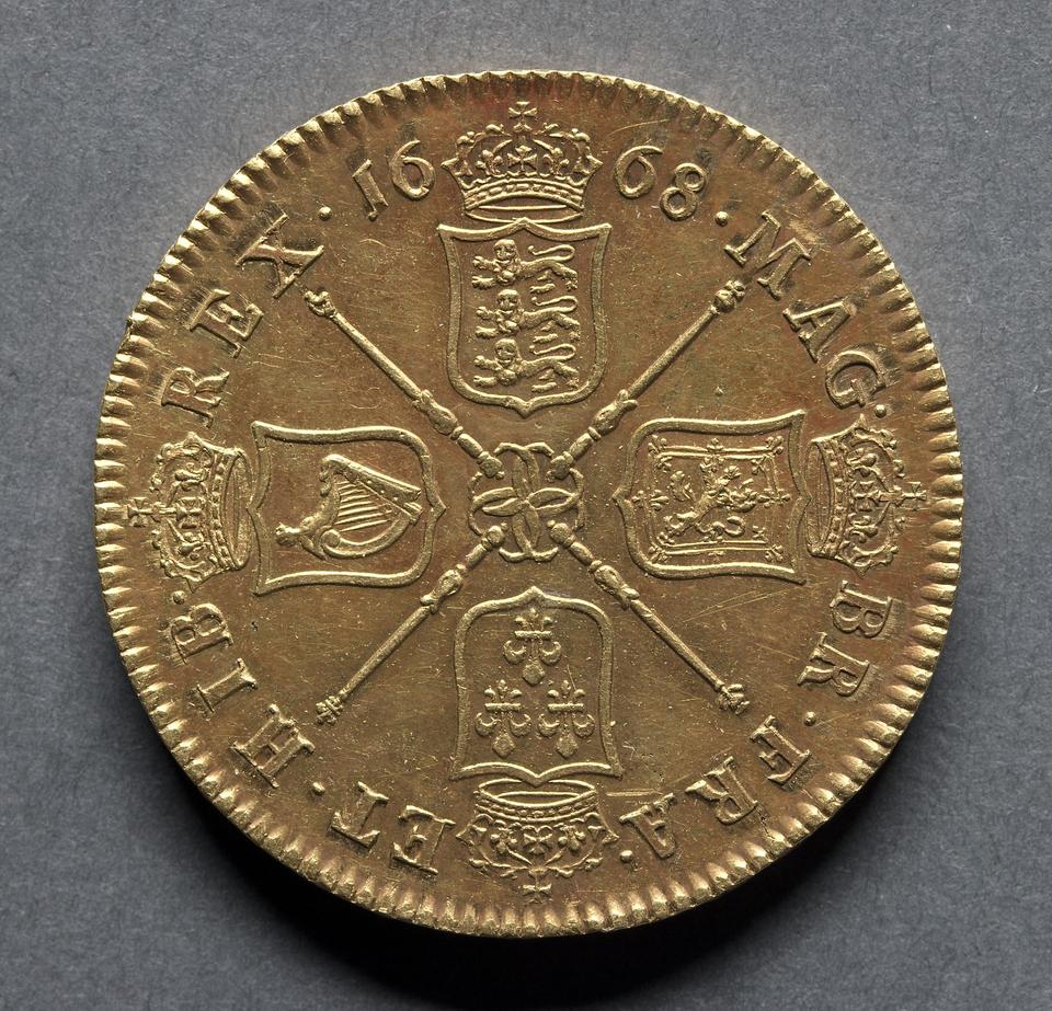 Charles II, Gold five guineas, collection photograph CMA-1969-199, reverse