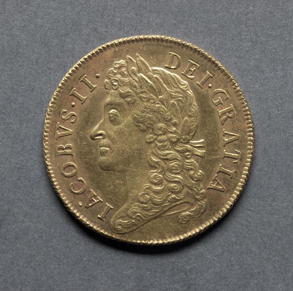 James II, Gold two guineas, collection photograph CMA-1969-200, obverse
