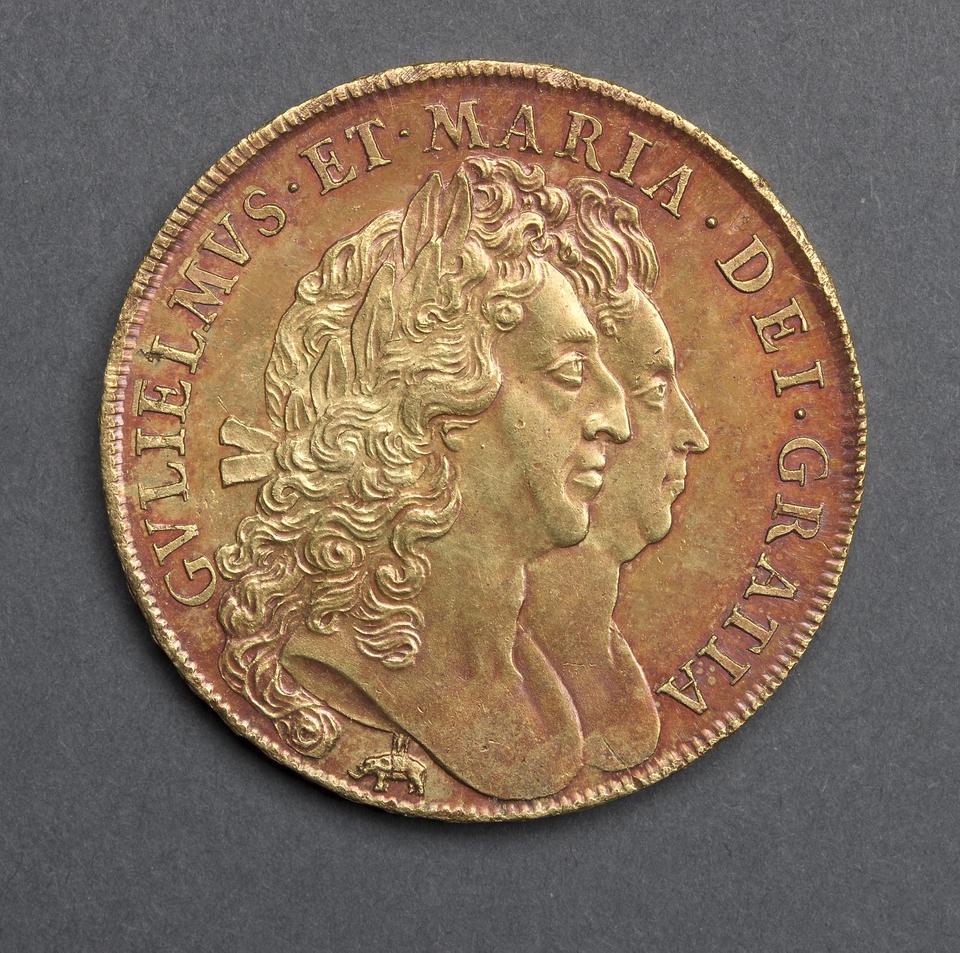 William and Mary, Gold five guineas, collection photograph CMA-1969-201, obverse