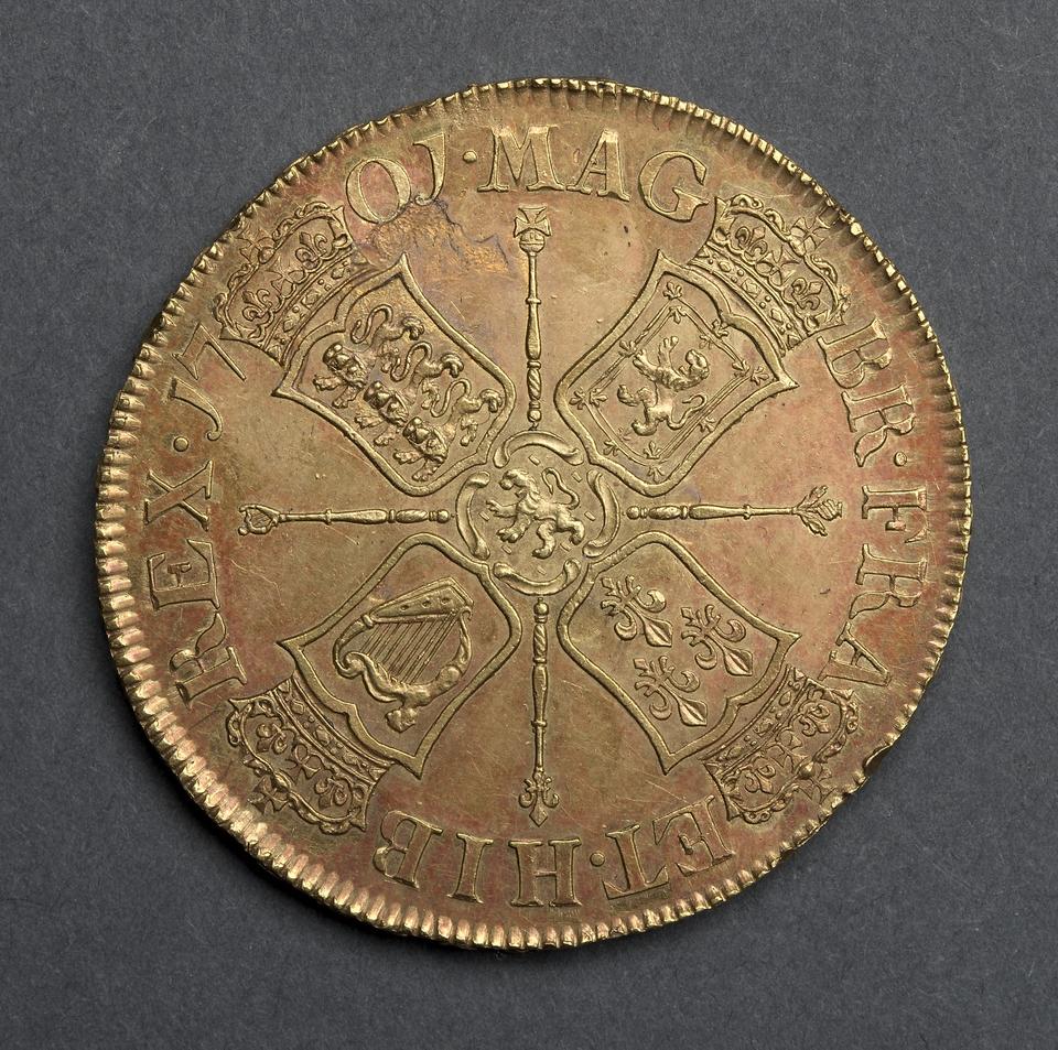 William III, Gold five guineas, collection photograph CMA-1969-202, reverse