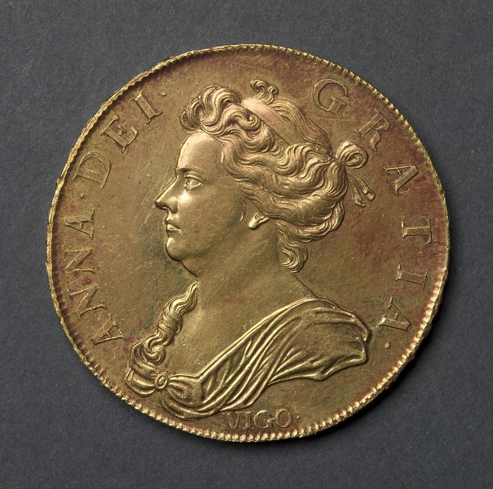 Anne, Gold five guineas, collection photograph CMA-1969-203, obverse