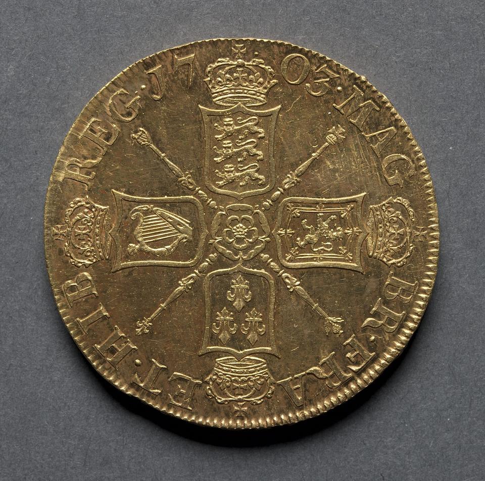 Anne, Gold five guineas, collection photograph CMA-1969-203, reverse