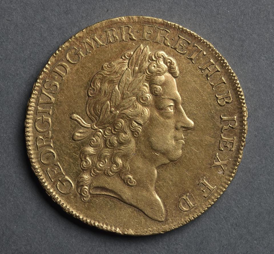 George I, Gold five guineas, collection photograph CMA-1969-206, obverse