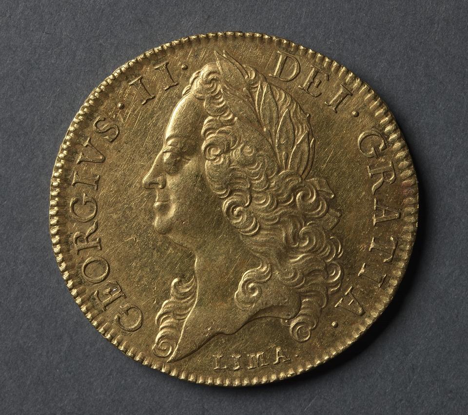 George II, Gold five guineas, collection photograph CMA-1969-208, obverse