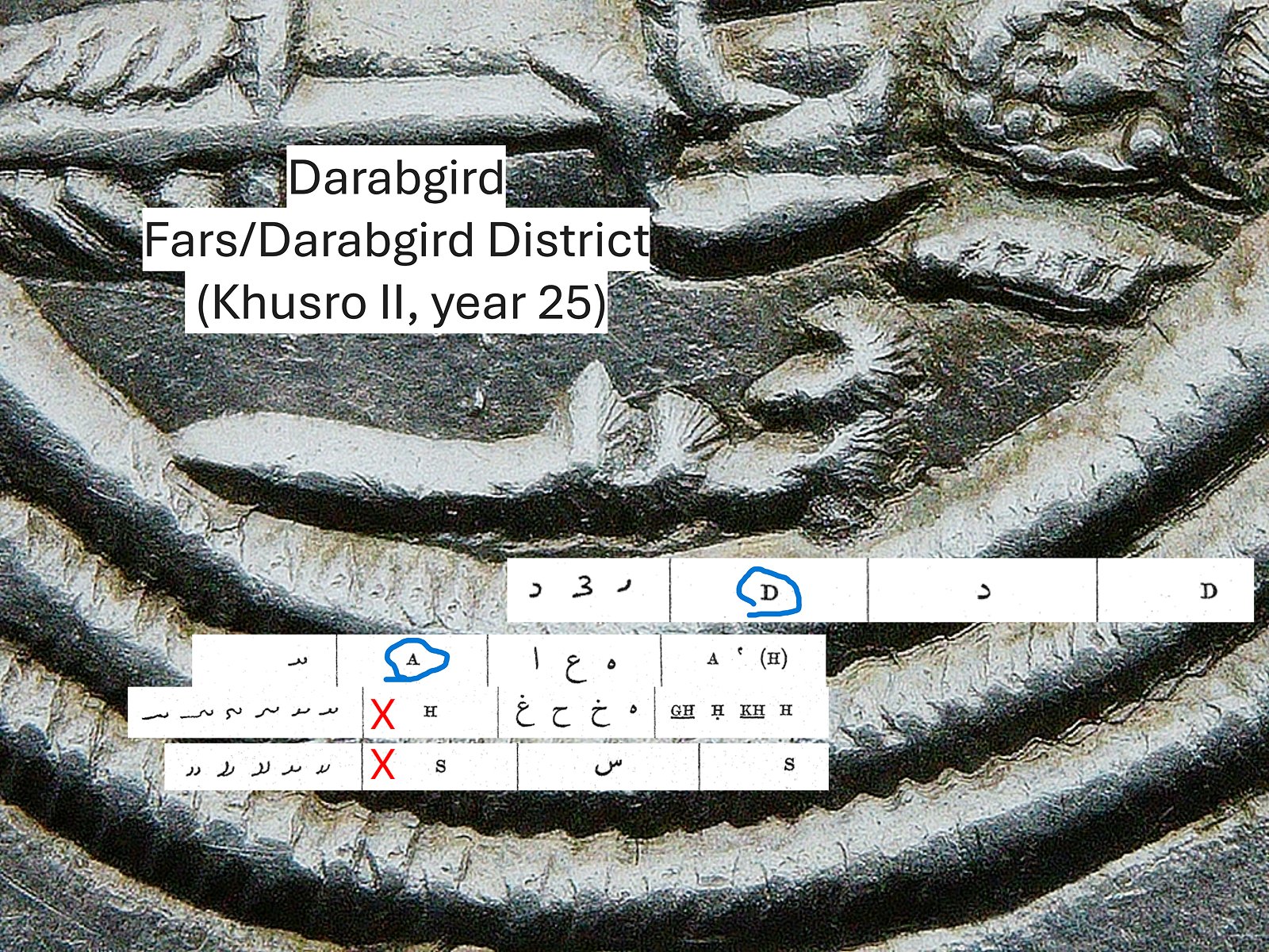 Close-up of the reverse mint-signature field with an original Darabgird comparison annotation identifying D and A.