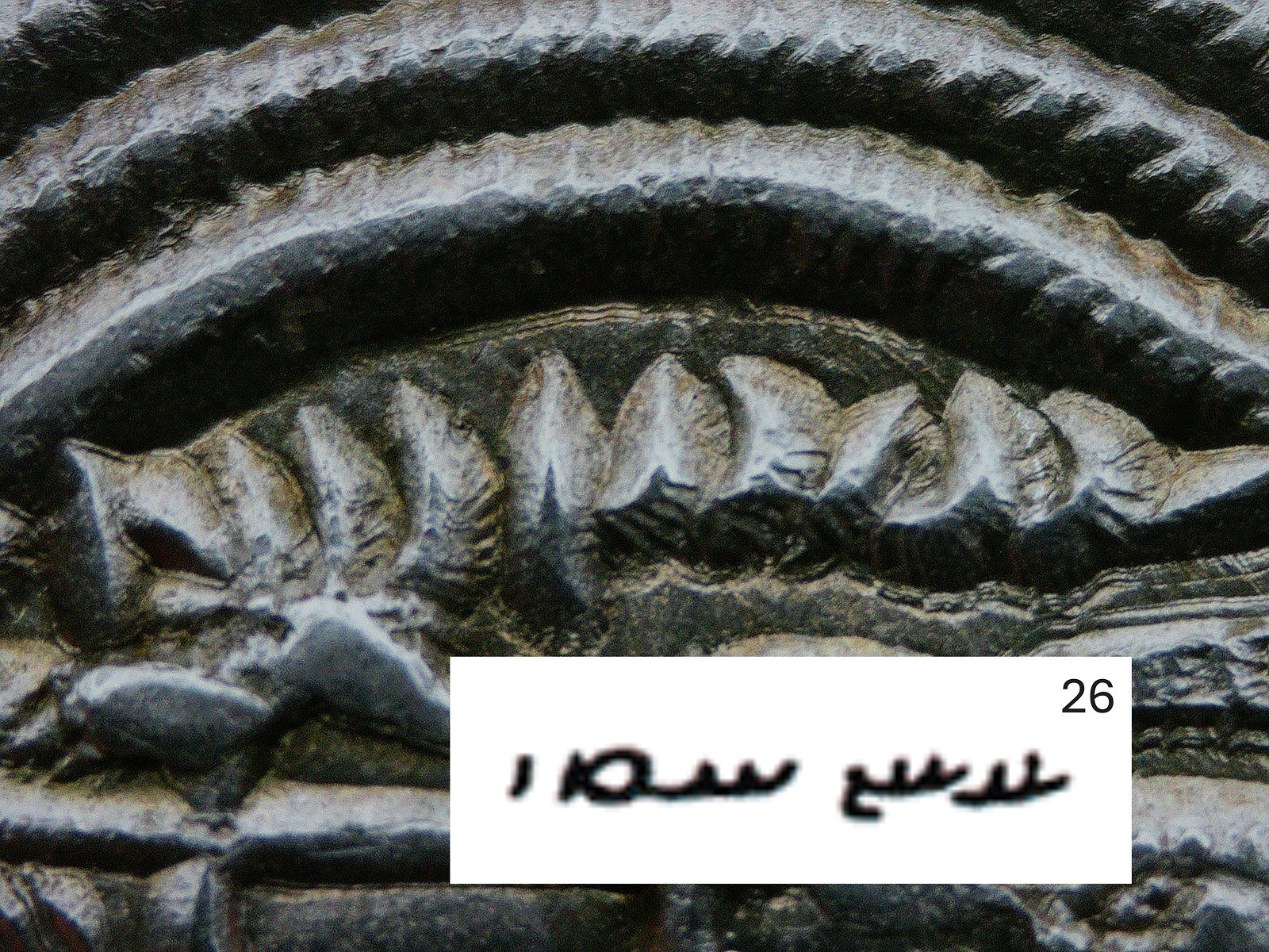 Close-up of the Pahlavi regnal-year inscription with an inset identifying the reading as 26.