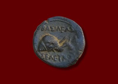 Ancient Seleucid coin reverse featuring an elephant walking right, with Greek inscription above.
