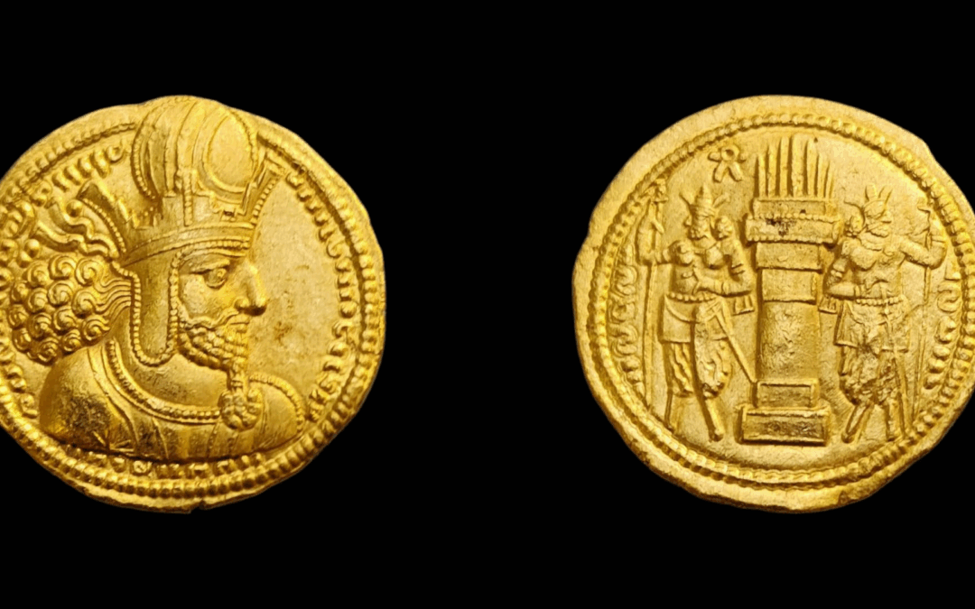 Shapur I the Great – Gold AV Dinar Featuring Fire Altar (AD 240–272)